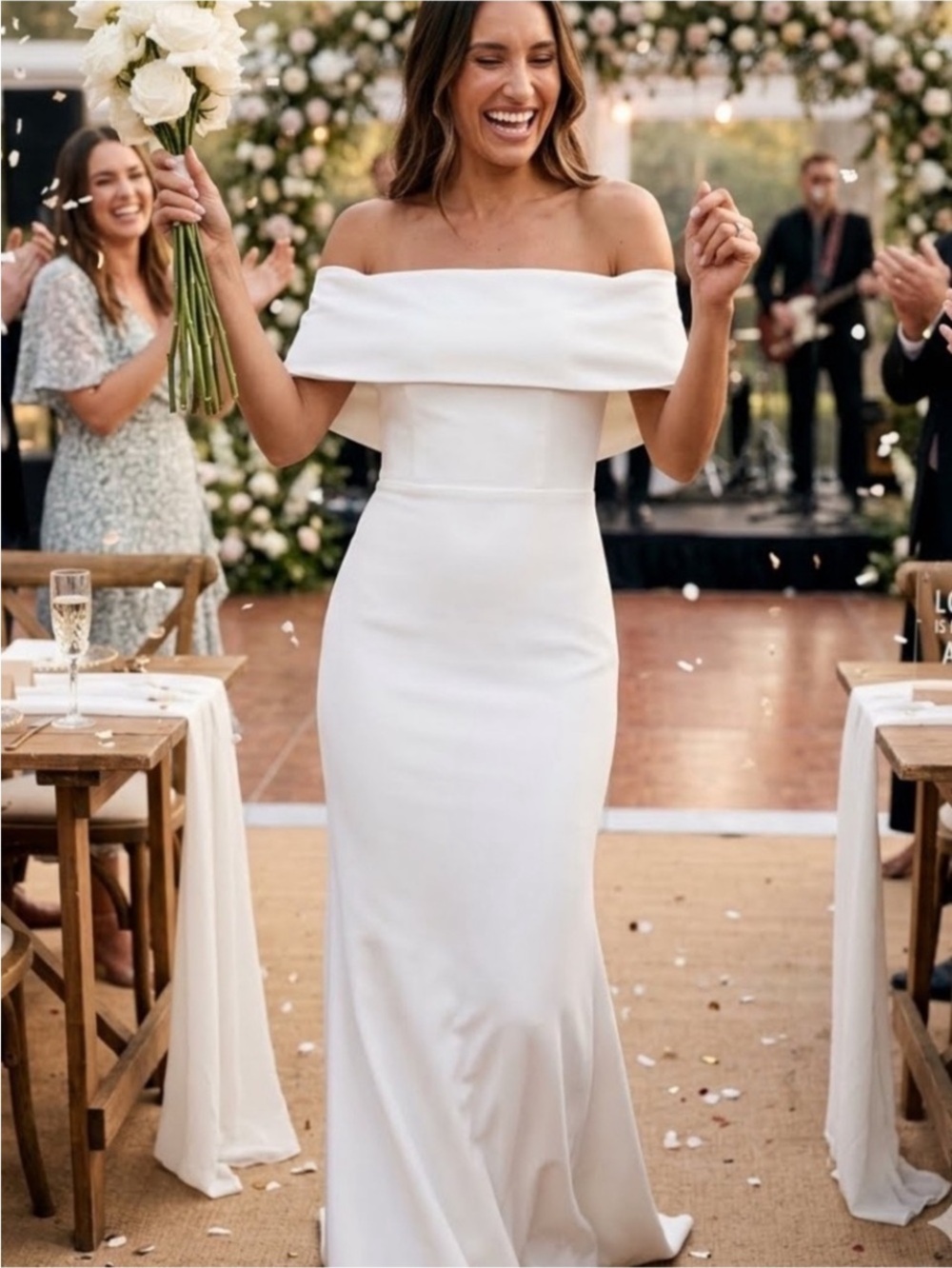 New Lulus Off-Shoulder White Bridal Gown and train Sz Small
